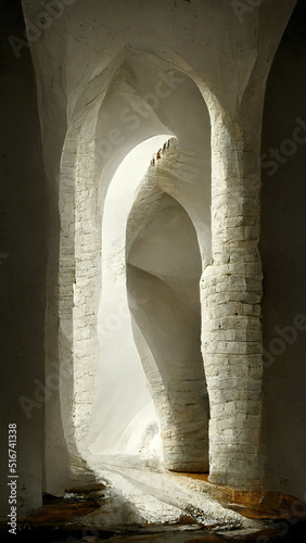 Corridor with columns. Abstract 3D-illustration illusion of natural stone, grass. Art gallery.  Background of gray tones