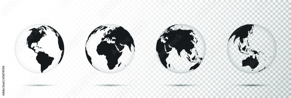 Set of transparent Earth globe with continents isolated on transparent background. Monochrome world map symbol with shadow. 3d globe world map icon. Concept for worldwide travel, infographics. Vector Set of transparent Earth globe with continents isolated on transparent background. Monochrome world map symbol with shadow. 3d globe world map icon. Concept for worldwide travel, infographics. Vector