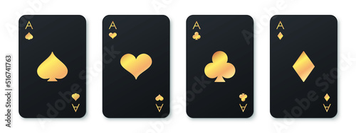 Four black aces playing card suits set. Golden hearts, spades, diamonds, clubs cards sign. A winning poker hand. Poker, gambling concept. Template for casino, web design. Vector illustration © Gurt