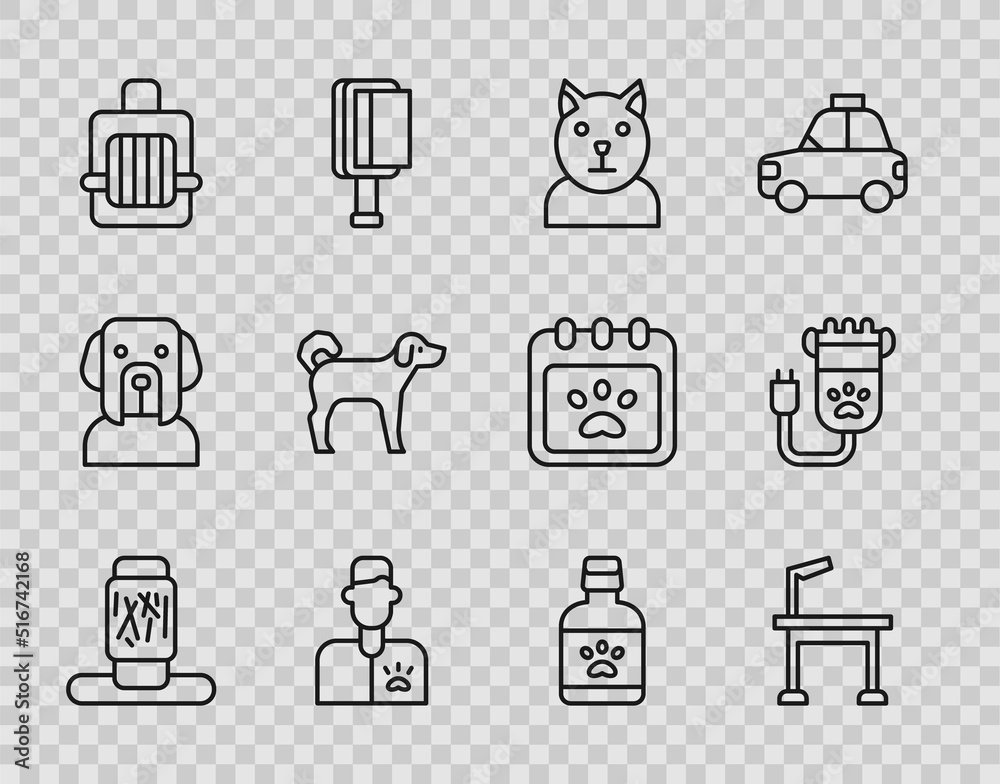 Set line Cat scratching post, Pet grooming table, Veterinarian doctor, carry case, Dog, medicine bottle and Hair clipper pet icon. Vector Set line Cat scratching post, Pet grooming table, Veterinarian doctor, carry case, Dog, medicine bottle and Hair clipper pet icon. Vector