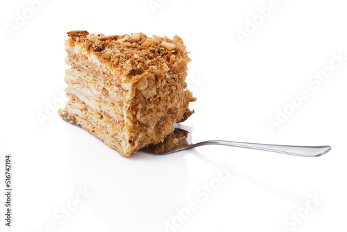 Napoleon cake slice on white background isolated with clipping path