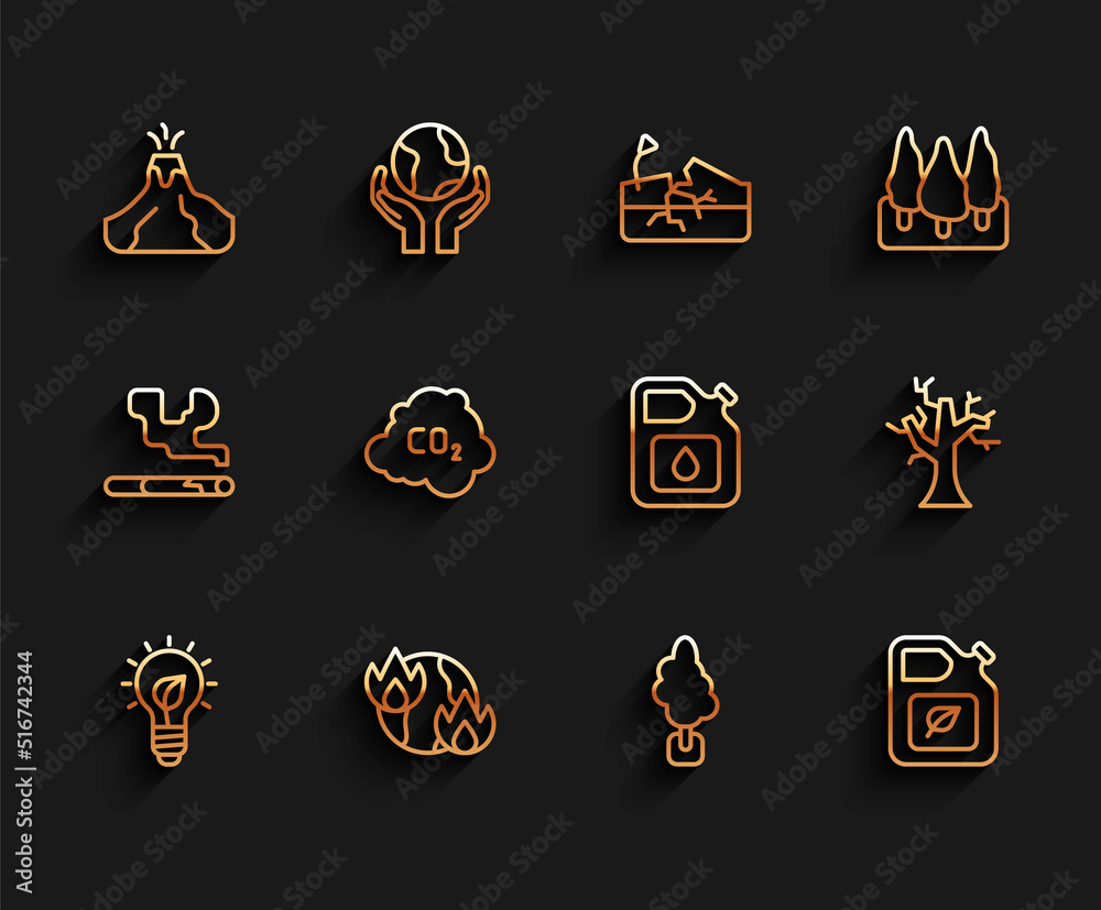 Set line Light bulb with leaf, Global warming fire, Volcano eruption lava, Tree, Bio fuel canister, CO2 emissions cloud, Withered tree and Canister for gasoline icon. Vector Set line Light bulb with leaf, Global warming fire, Volcano eruption lava, Tree, Bio fuel canister, CO2 emissions cloud, Withered tree and Canister for gasoline icon. Vector