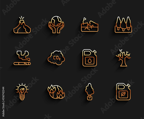 Set line Light bulb with leaf, Global warming fire, Volcano eruption lava, Tree, Bio fuel canister, CO2 emissions cloud, Withered tree and Canister for gasoline icon. Vector