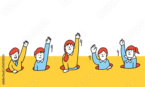 挙手する学生たちが穴から飛び出す　立体的なイラストアイコン