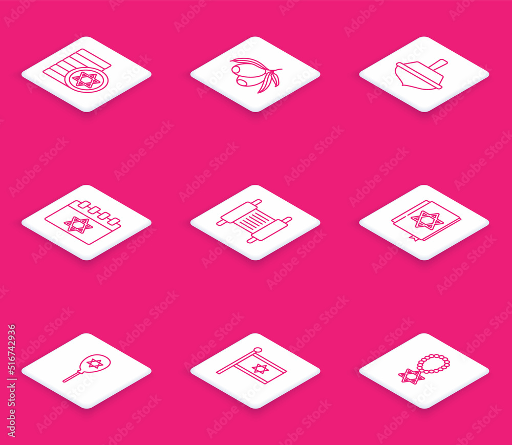 Set line Jewish coin, Olives branch, Hanukkah dreidel, calendar, Torah scroll, torah book, Balloon with star of david and Flag Israel icon. Vector Set line Jewish coin, Olives branch, Hanukkah dreidel, calendar, Torah scroll, torah book, Balloon with star of david and Flag Israel icon. Vector