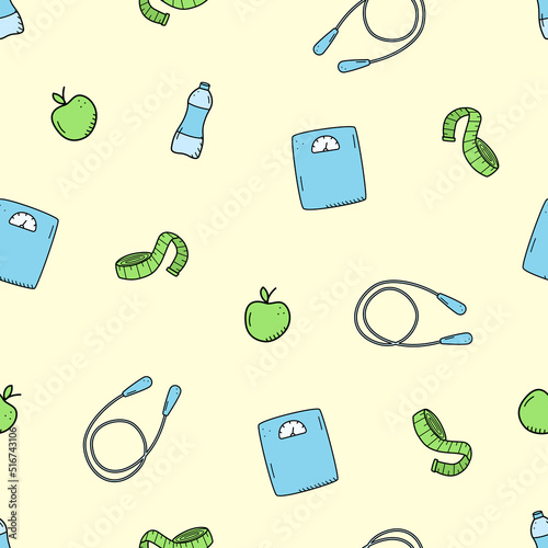 Concept diet and fitness or healthy lifestyle. Seamless pattern vector illustration of sports jumpers, scales, apple and centimeter.