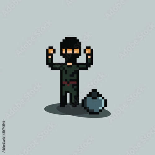 pixel art style, old videogames style, retro style 18 robber surrender