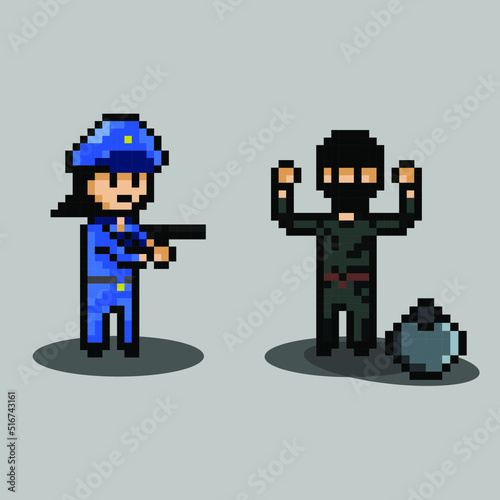 pixel art style  old videogames style  retro style 18 policewoman chasing robber