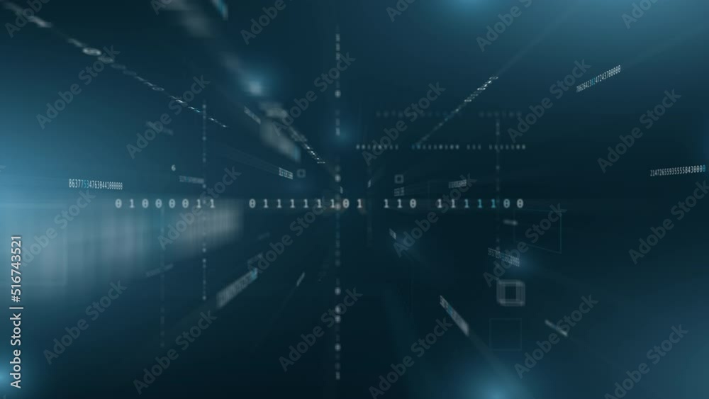 Flying into big data digital tunnel with binary code matrix. Data connection analysis technology background. 4K motion graphic animation 