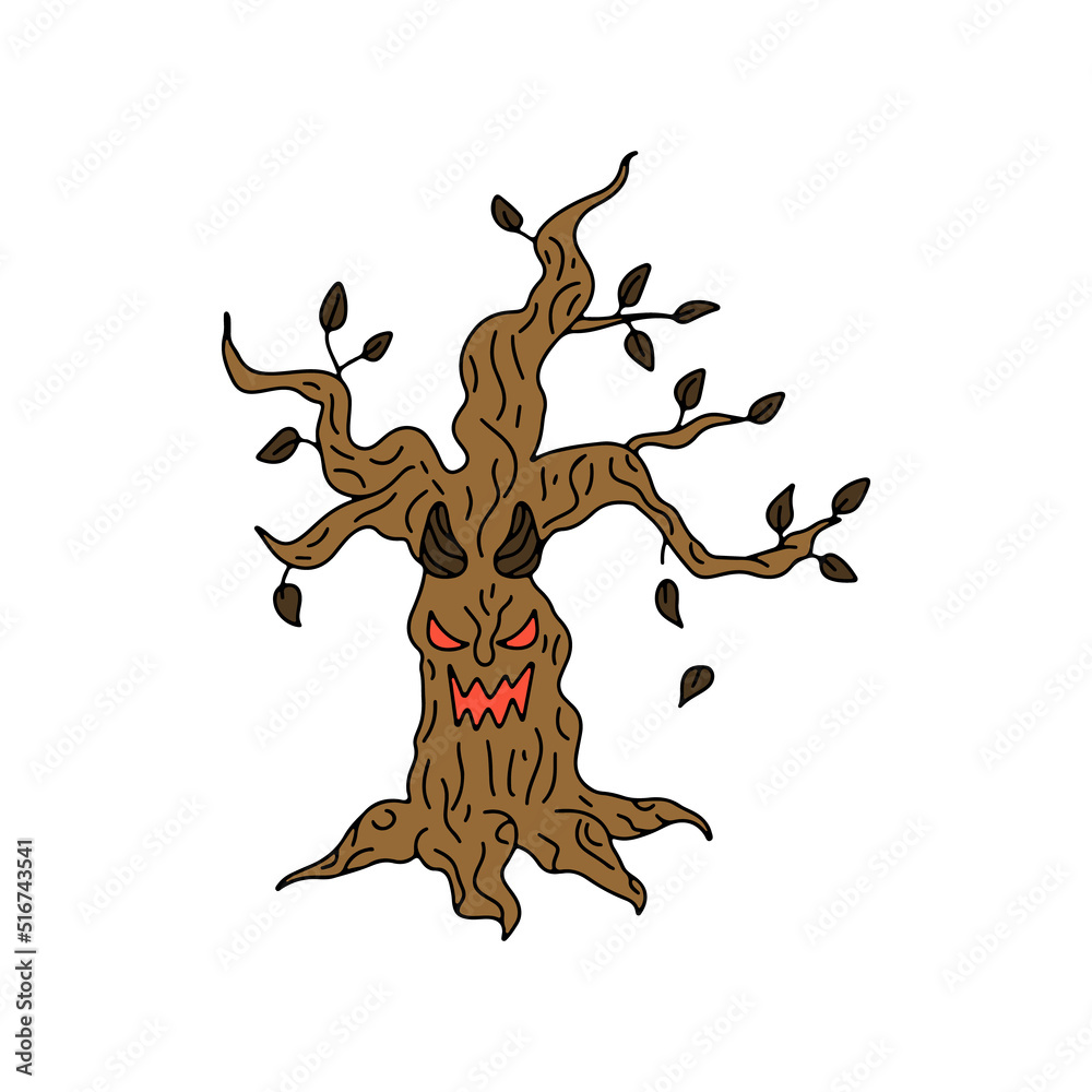 Fototapeta premium Hand drawn line art evil tree Halloween illustration.