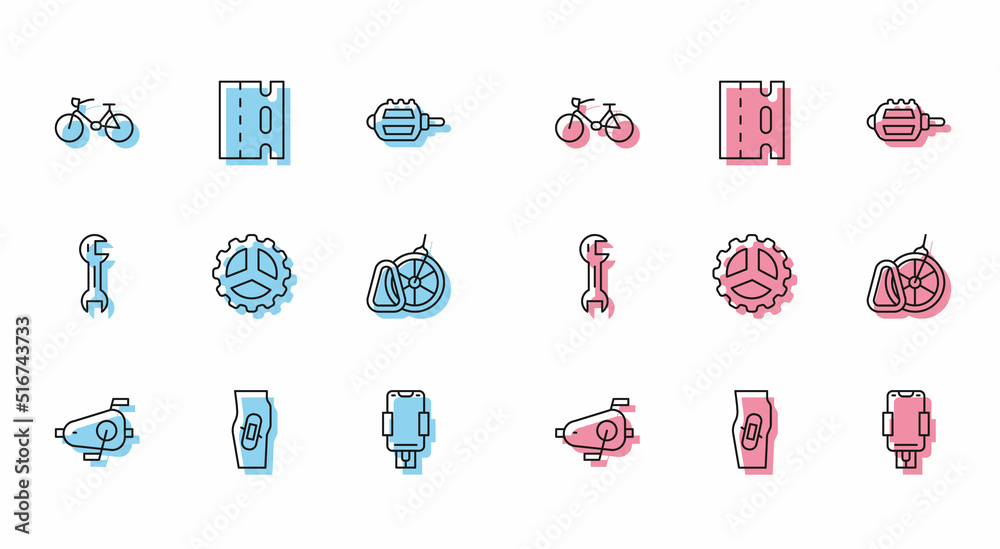 Set line Bicycle pedals, Plaster on leg, Mobile holder, sprocket crank, parking, Wrench spanner and lane icon. Vector Set line Bicycle pedals, Plaster on leg, Mobile holder, sprocket crank, parking, Wrench spanner and lane icon. Vector