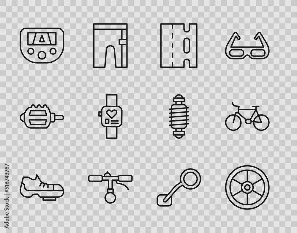 Set line Bicycle shoes, wheel, lane, handlebar, Gps device with map, Smart watch, rear view mirror and icon. Vector Set line Bicycle shoes, wheel, lane, handlebar, Gps device with map, Smart watch, rear view mirror and icon. Vector