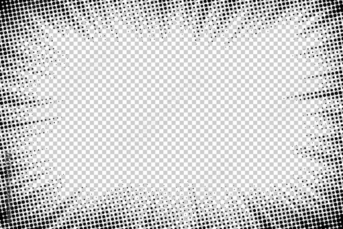 Comic frame. Halftone cartoon border. Pop art dot. Attention pattern. Faded texture. Black line isolated on transparent background. Anime lines design for prints. Grunge dots. Vector illustration