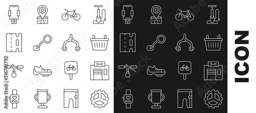 Set line Bicycle sprocket crank, repair service, basket, rear view mirror, lane, Mobile holder and brake calipers icon. Vector
