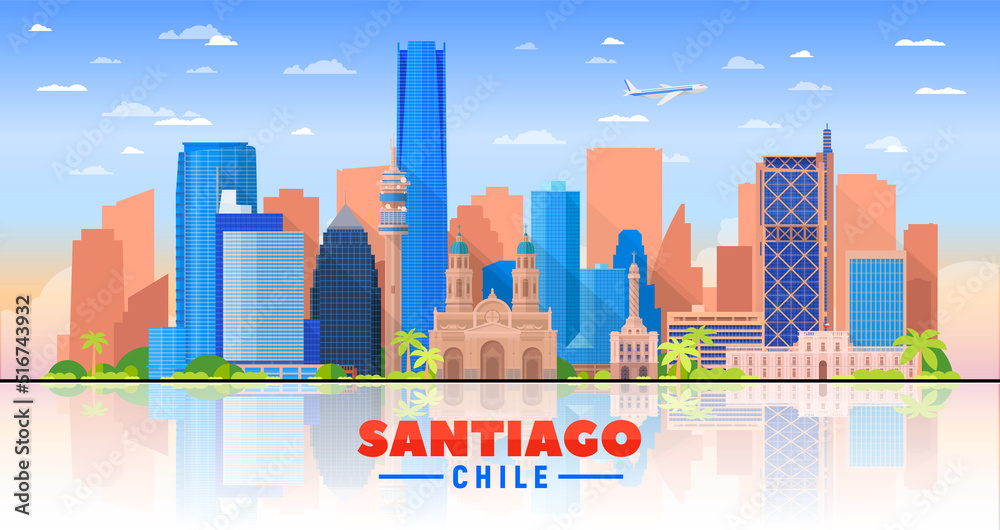 Santiago de Chile city skyline on a white background. Flat vector illustration. Business travel and tourism concept with modern buildings. Image for banner or web site.