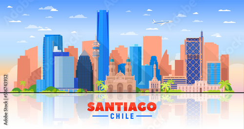 Santiago de Chile city skyline on a white background. Flat vector illustration. Business travel and tourism concept with modern buildings. Image for banner or web site.