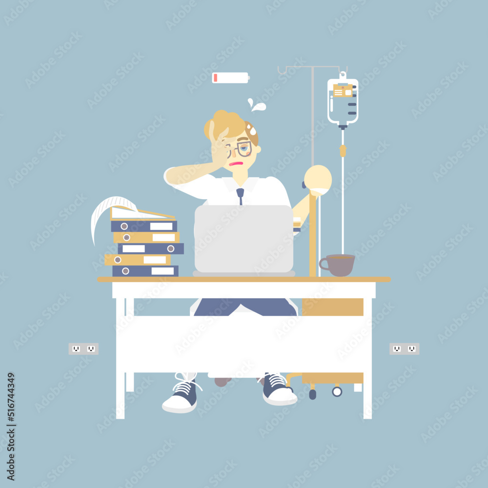 tired overwork businessman holding IV (intravenous) stand with infusion