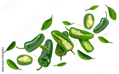 flying sliced jalapeno peppers isolated on white background. Green chili pepper. Capsicum annuum. clipping path photo