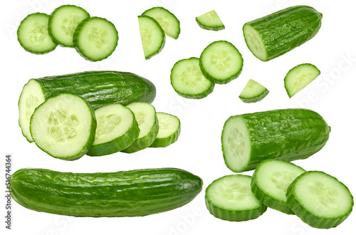 sliced cucumber isolated on white background. clipping path