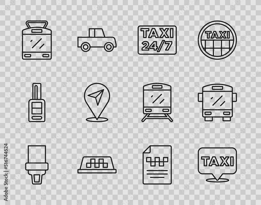 Set line Safety belt, Location with taxi, Taxi car roof, Tram and railway, driver license and Bus icon. Vector Set line Safety belt, Location with taxi, Taxi car roof, Tram and railway, driver license and Bus icon. Vector