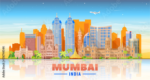 Mumbai skyline on a sky background. Flat vector illustration. Business travel and tourism concept with modern buildings. Image for banner or web site.