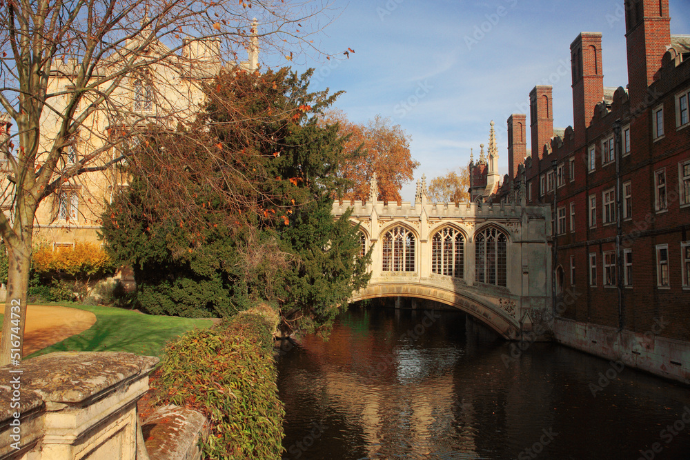 The famous Bridge of Sighs, St. John's College, Cambridge, England, from the Kitchen Bridge over the River Cam