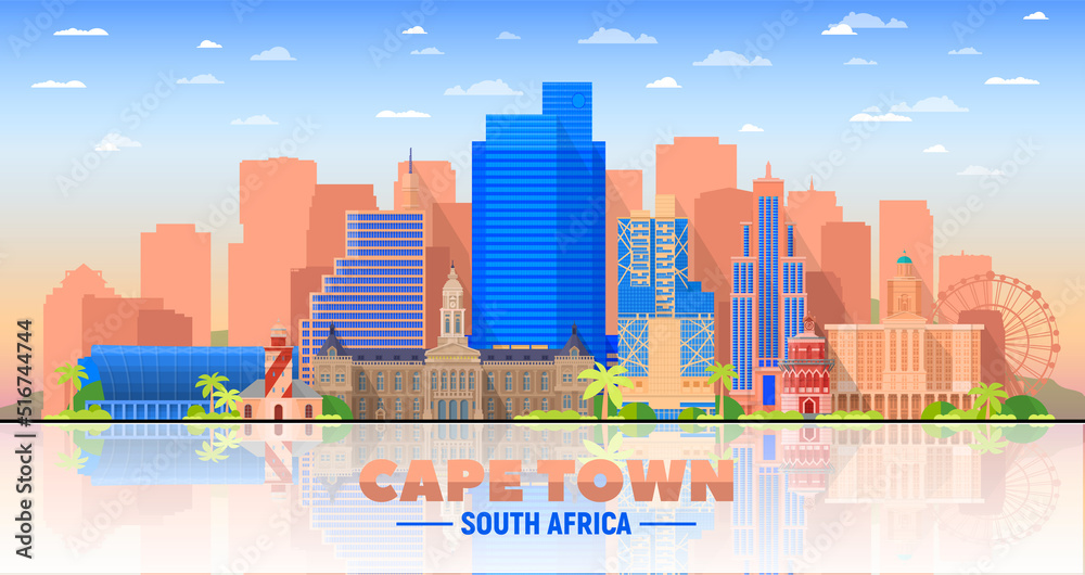 Fototapeta premium Cape Town skyline with panorama in white background. Vector Illustration. Business travel and tourism concept with modern buildings. Image for presentation, banner, web site.