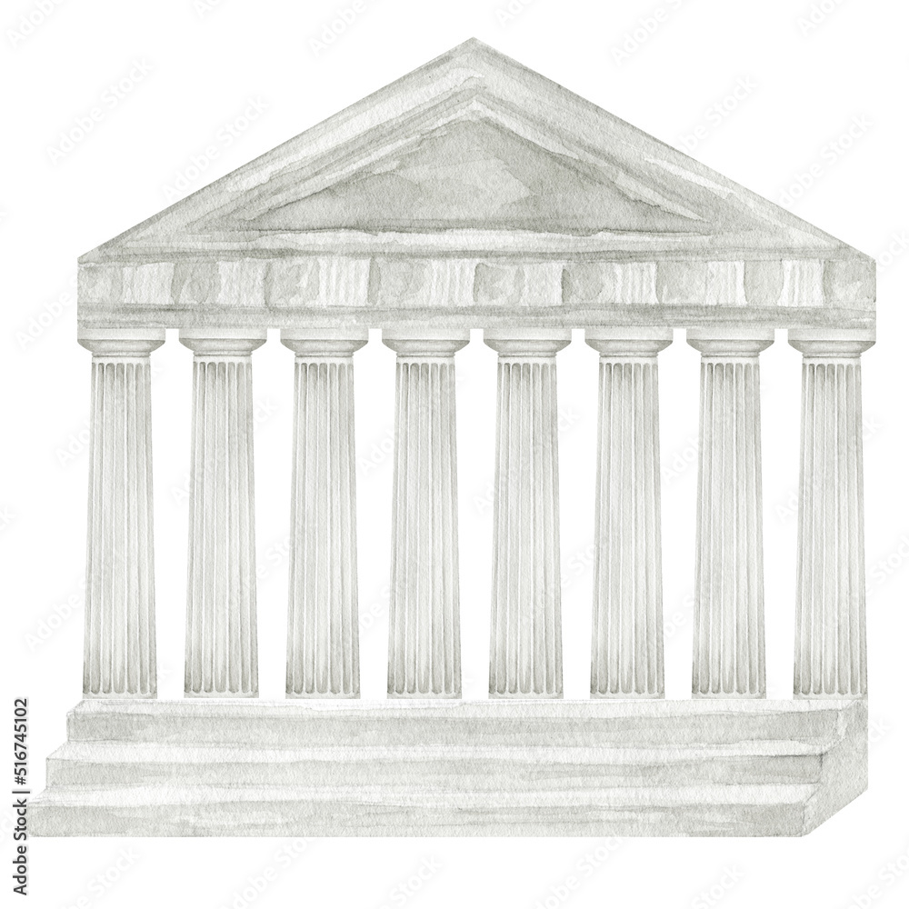 Obraz premium Parthenon Greece temple watercolor illustration, Greek ancient architecture, Acropolis Citadel Athens building, Column pillar parthenon landmark isolated on white background