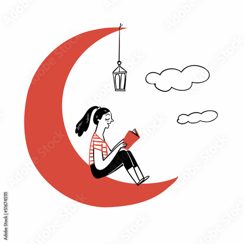 The girl sitting on the moon reading a book