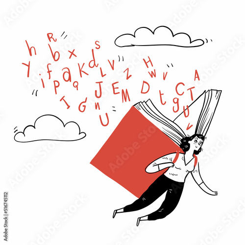 A beautiful woman flies with wings made of a large book, letters fall from a book