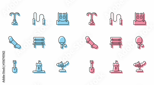 Set line Shovel toy, Sand tower, Street light, Swing plane, Bench, Racket ball, Skateboard trick and Jump rope icon. Vector photo