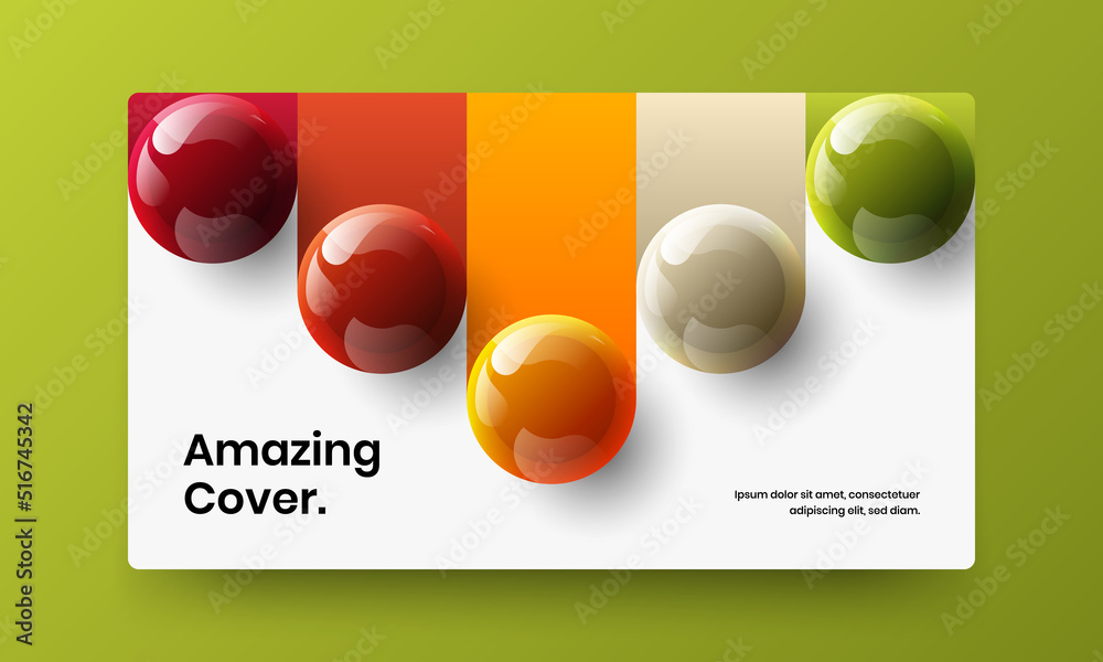 Trendy realistic spheres website screen layout. Unique horizontal cover vector design concept.
