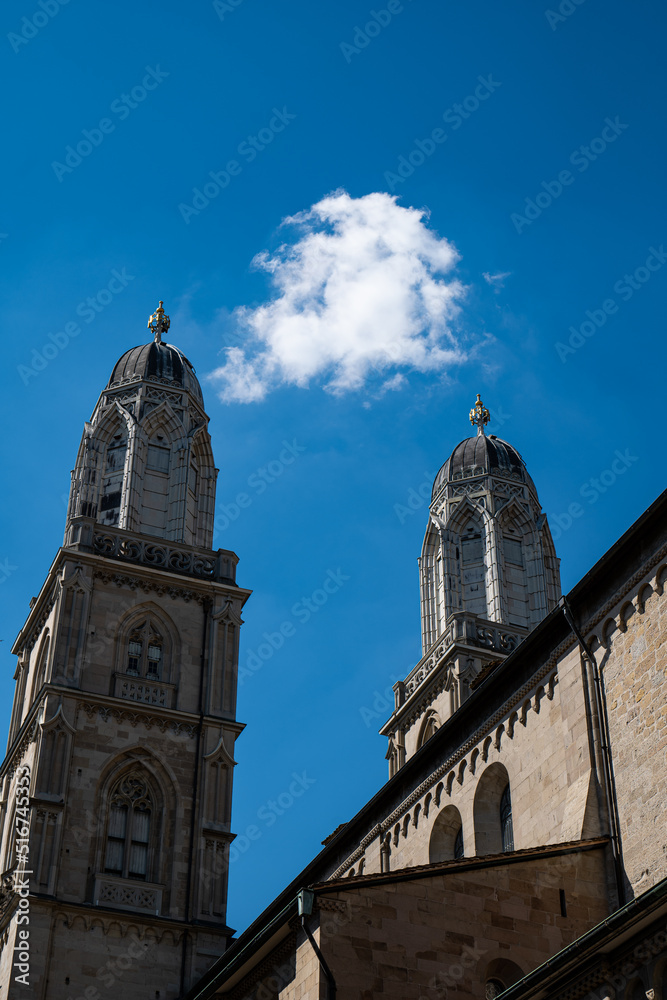 Fototapeta premium The twin towers of Grossmunster church in Zurich city Switzerland. Sunny summer day, no people