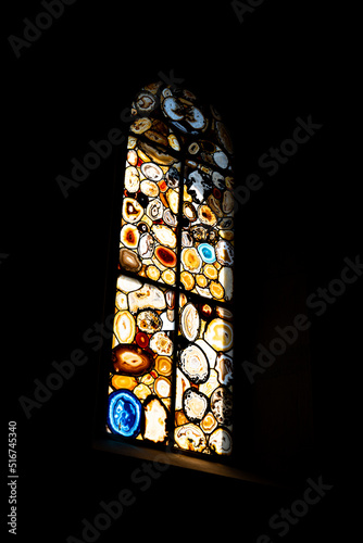 Christian art, stained glass window inside Grossmunster or Grossmünster church in Zurich city Switzerland, no people