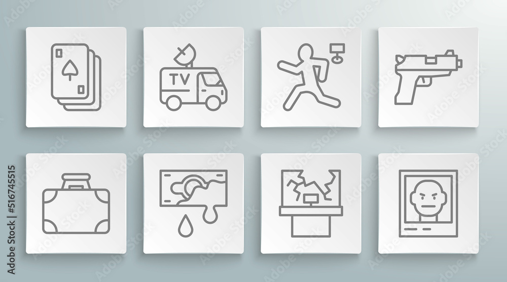 Set line Briefcase and money, TV News car, Bloody, Broken window, Wanted poster, Murder, Pistol or gun and Playing cards icon. Vector Set line Briefcase and money, TV News car, Bloody, Broken window, Wanted poster, Murder, Pistol or gun and Playing cards icon. Vector