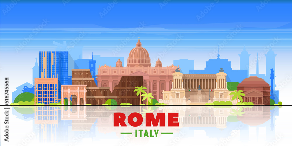 Rome ( Italy ) skyline with panorama in sky background. Vector Illustration. Business travel and tourism concept with modern buildings. Image for presentation, banner, web site.