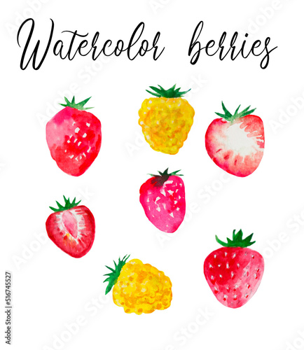 Fototapeta Naklejka Na Ścianę i Meble -  Watercolor hand drawn simple fruits elements, different berries, isolated elements, drawn food, strawberries green leaves, pink, cut strawberrie
