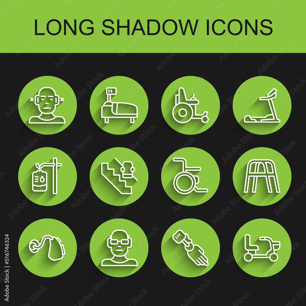 Set line Hearing aid, Poor eyesight, Deaf, Prosthesis hand, Electric wheelchair, Disabled elevator, Walker and Wheelchair icon. Vector Set line Hearing aid, Poor eyesight, Deaf, Prosthesis hand, Electric wheelchair, Disabled elevator, Walker and Wheelchair icon. Vector