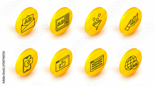 Set line Advertising, Browser setting, Customer product rating, Mobile with review, Pie chart infographic, Lead management, and icon. Vector