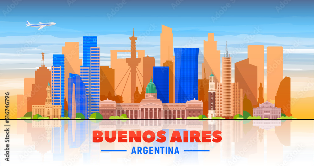 Buenos Aires ( Argentina ) skyline with panorama in white background. Vector Illustration. Business travel and tourism concept with modern buildings. Image for presentation, banner, web site. - obrazy, fototapety, plakaty 