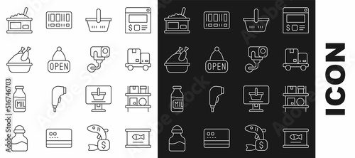Set line Canned fish, Warehouse interior with boxes, Hand truck and, Shopping basket, Hanging sign Open, Roasted turkey chicken, Tin can caviar and Security camera icon. Vector