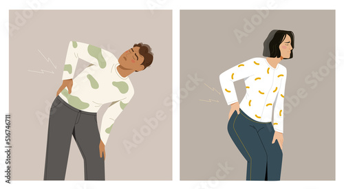 Set of characters suffering from back pain. Young man and woman holding their backs or lower back. Chronic disease of spine or joints. Cartoon flat vector collection isolated on white background
