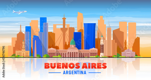 Buenos Aires ( Argentina ) skyline with panorama in white background. Vector Illustration. Business travel and tourism concept with modern buildings. Image for presentation, banner, web site. photo