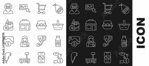 Set line Price tag for fish, Bottle with milk, Shopping basket, cart, Market store, Cigarettes pack box, Location and Chicken egg icon. Vector