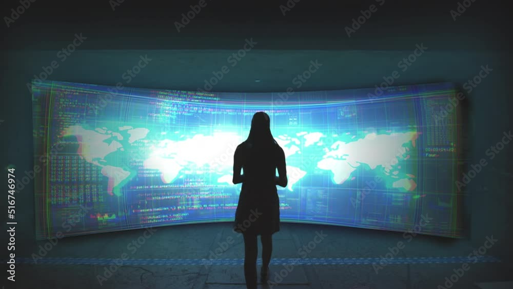 Female silhouette walking to large modern screen with world map and scrolled information. Futuristic vision of getting data