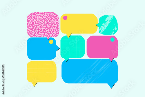 Conversation speech bubbles and discussion symbols set. Colorful abstract geometric shapes. Public communication concept. Flat vector illustration