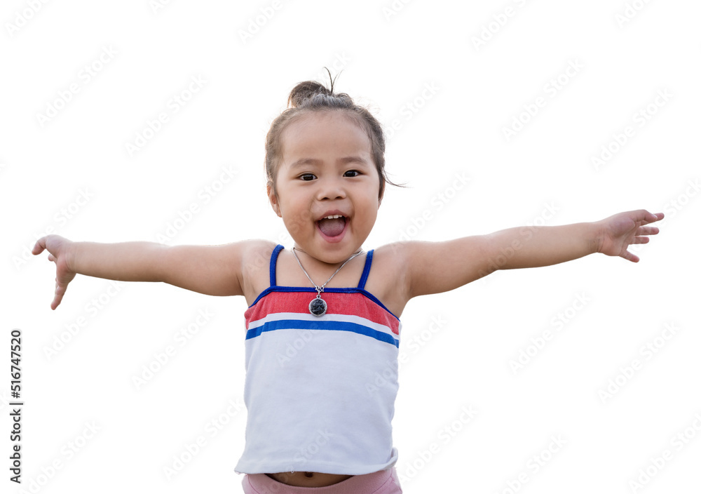 Happy Asian little girl having fun and raising hands up with her face to surprise and excited for something. Excited girl with raised arm having fun to play with isolated on white background. Happy Asian little girl having fun and raising hands up with her face to surprise and excited for something. Excited girl with raised arm having fun to play with isolated on white background.