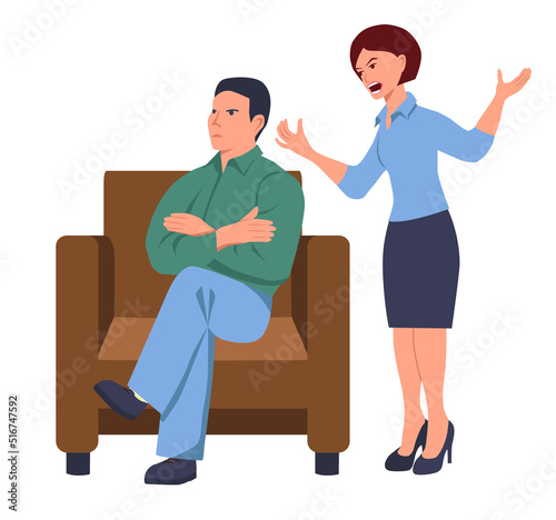 Man is sitting in a chair, a woman is standing next to him and yelling at him. A quarrel between husband and wife. Family problems. Vector illustration in flat style on a white background