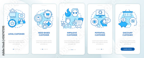 Types of customers blue onboarding mobile app screen. Business clients walkthrough 5 steps editable graphic instructions with linear concepts. UI, UX, GUI template. Myriad Pro-Bold, Regular fonts used