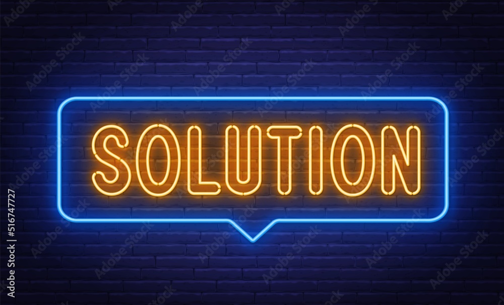 Solution neon sign on brick wall background